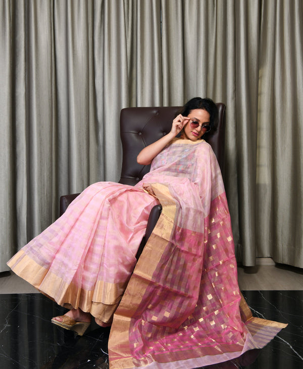 Rani pink chanderi silk saree with jhoomar motifs all over – Roots