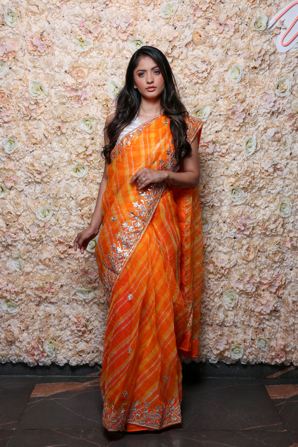 Orange Yellow Saree in Organza Leheriya - Clothsvilla