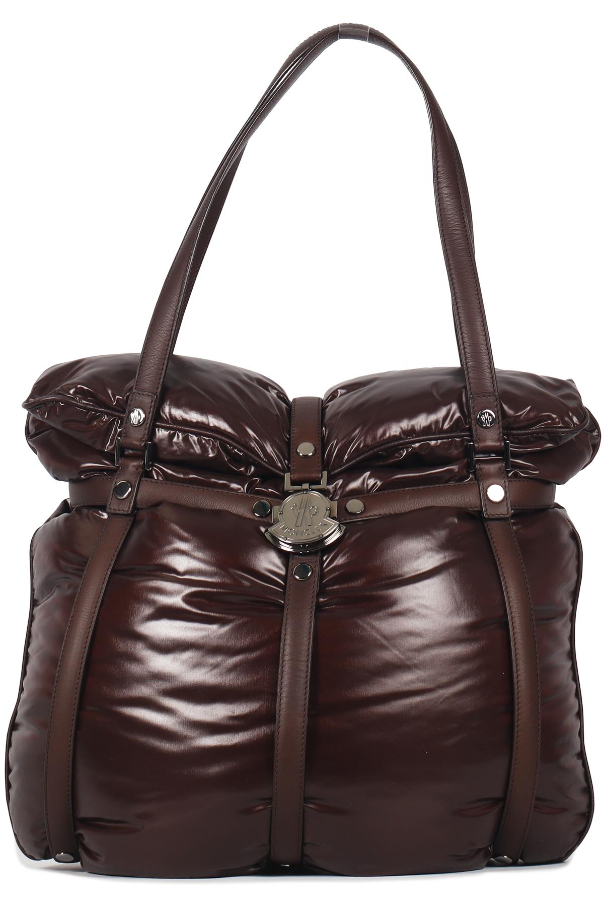 image of MONCLER BROWN LEATHER AND PADDED DOWN SHELL SHOULDER BAG