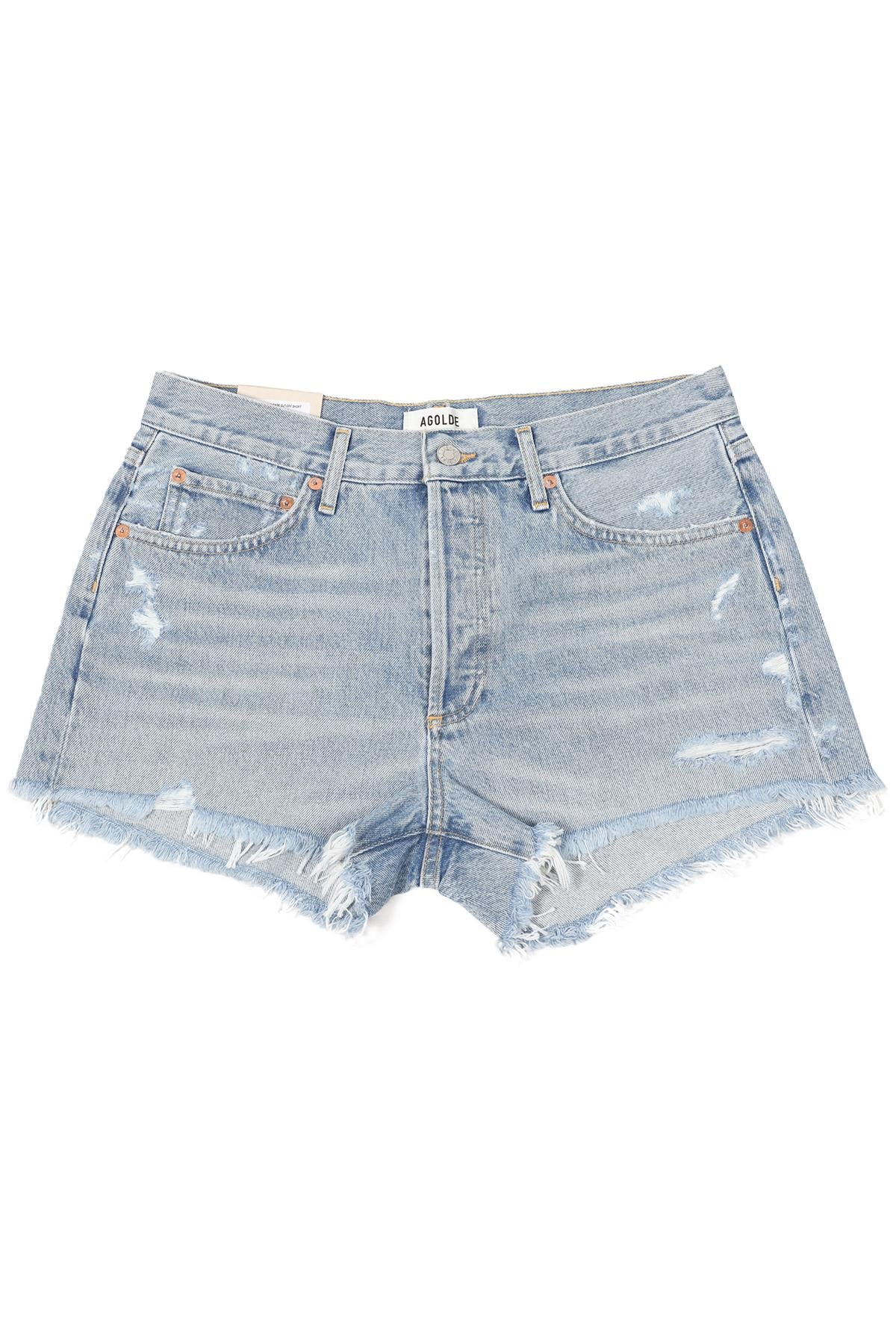 image of AGOLDE BLUE HIGH RISE DENIM SHORTS W28 UK 10