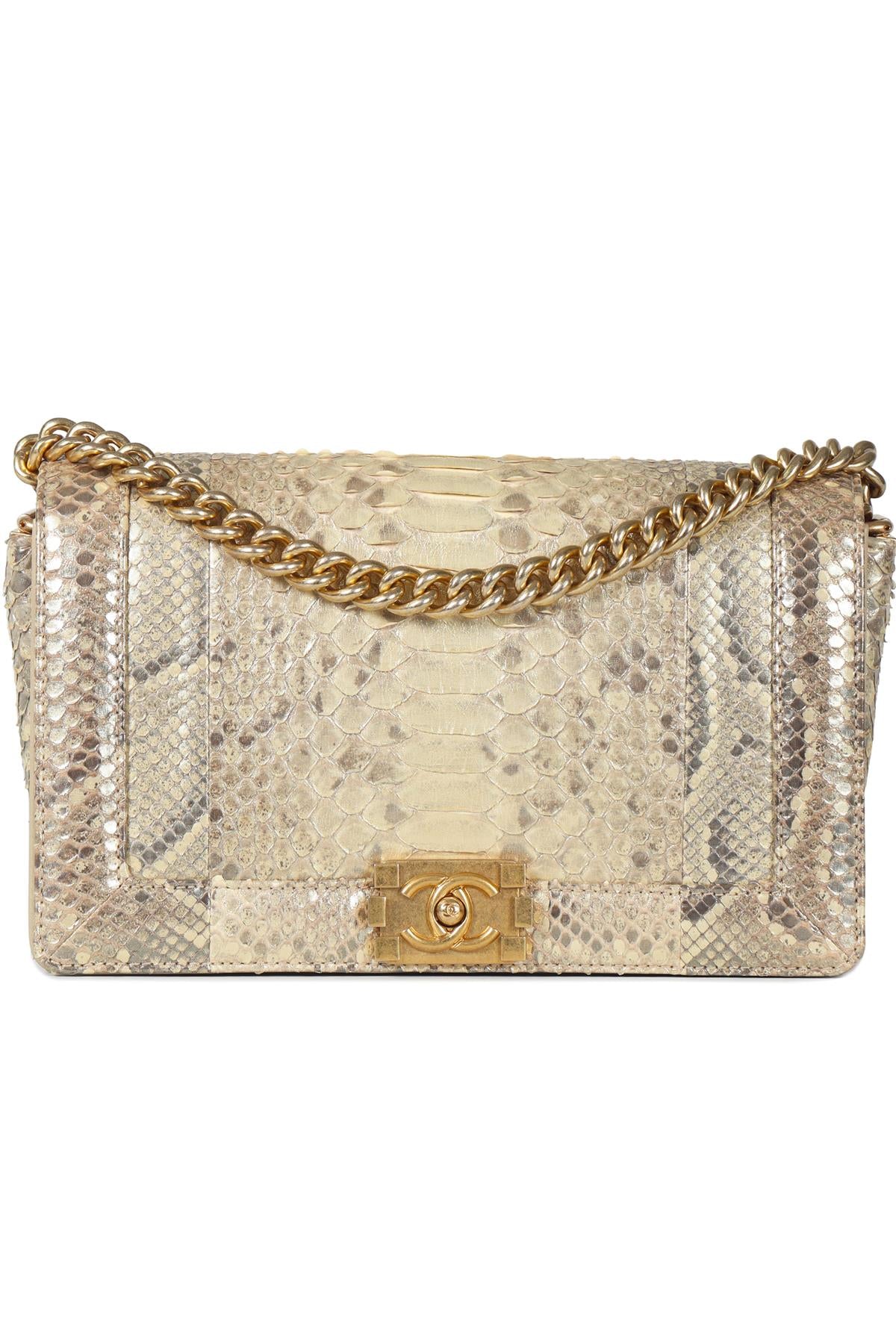 image of CHANEL GOLD 2014 BOY MEDIUM PYTHON AND LEATHER SHOULDER BAG