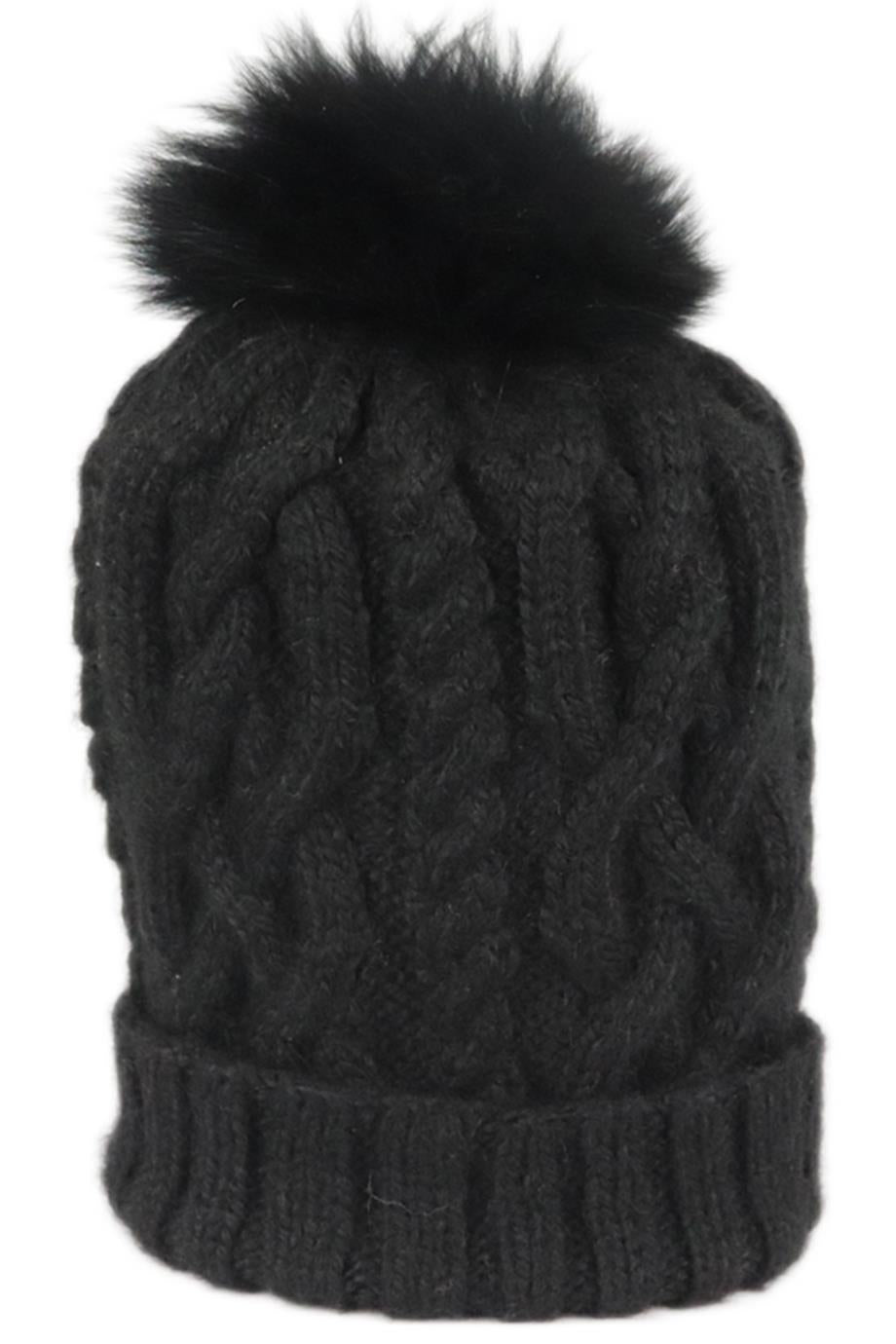 image of EUGENIA KIM FOX FUR TRIMMED CABLE KNIT ALPACA BEANIE ONE SIZE