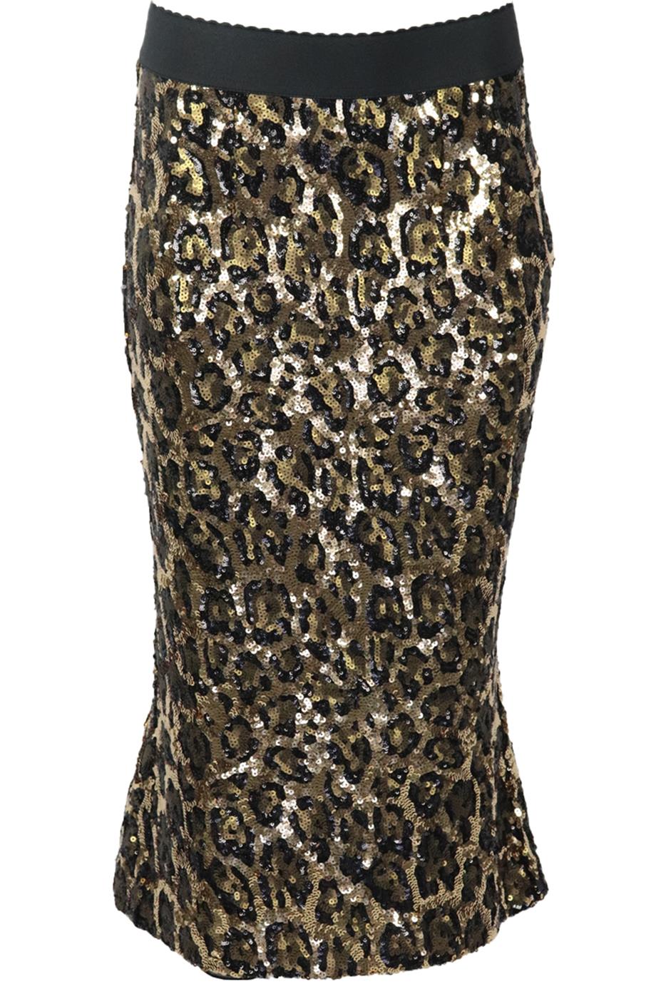 image of DOLCE AND GABBANA LEOPARD PRINT SEQUINED CREPE MIDI SKIRT IT 42 UK 10