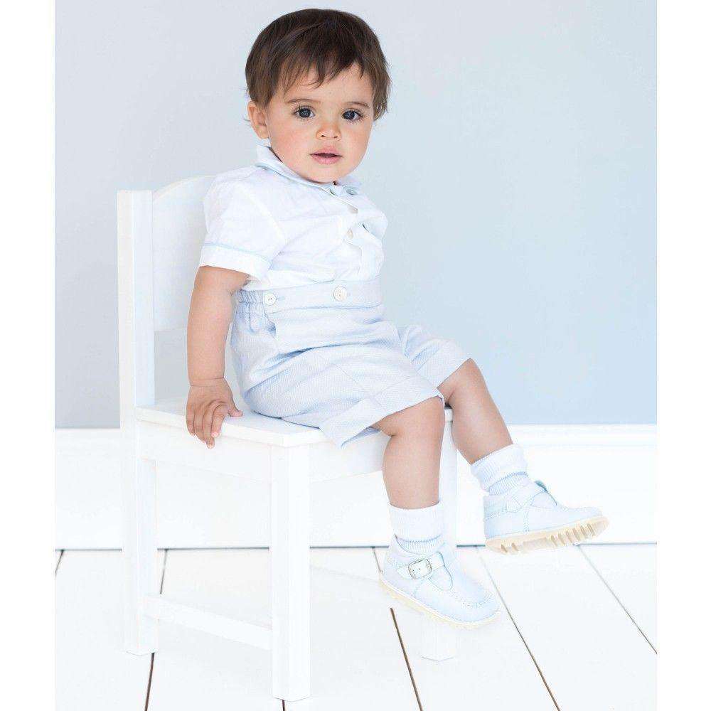 image of LA STUPENDERIA PALE BLUE LINEN BUSTER ROMPER 3 MONTHS