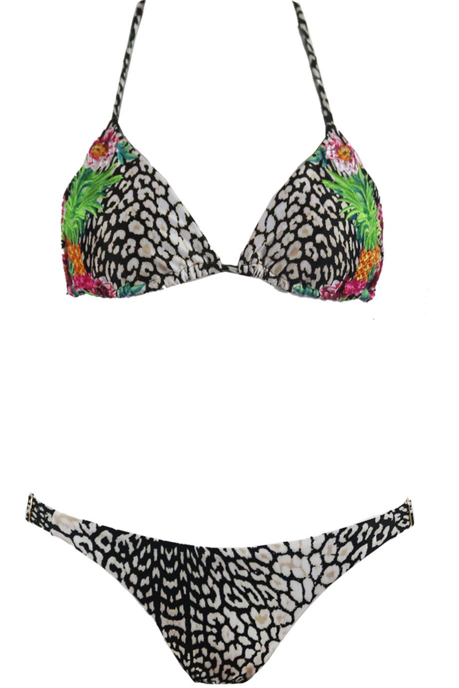 image of PILYQ SAFARI EMBROIDERED LEOPARD PRINT TRIANGLE HALTERNECK BIKINI SMALL