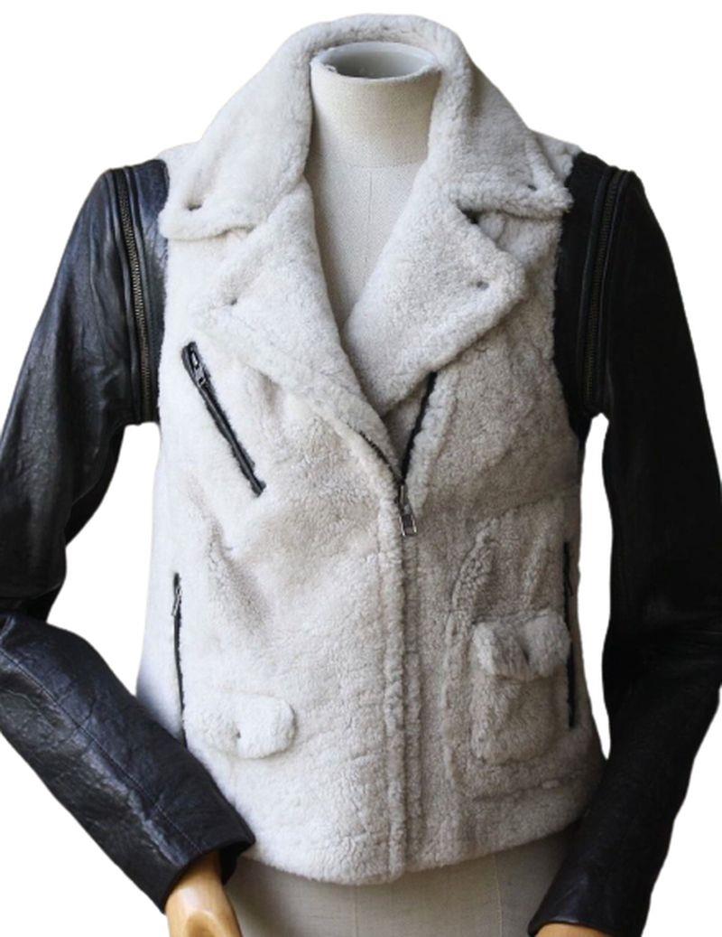 image of YIGAL AZROUEL DETACHABLE LEATHER SLEEVE SHEARLING JACKET US 6 UK 8