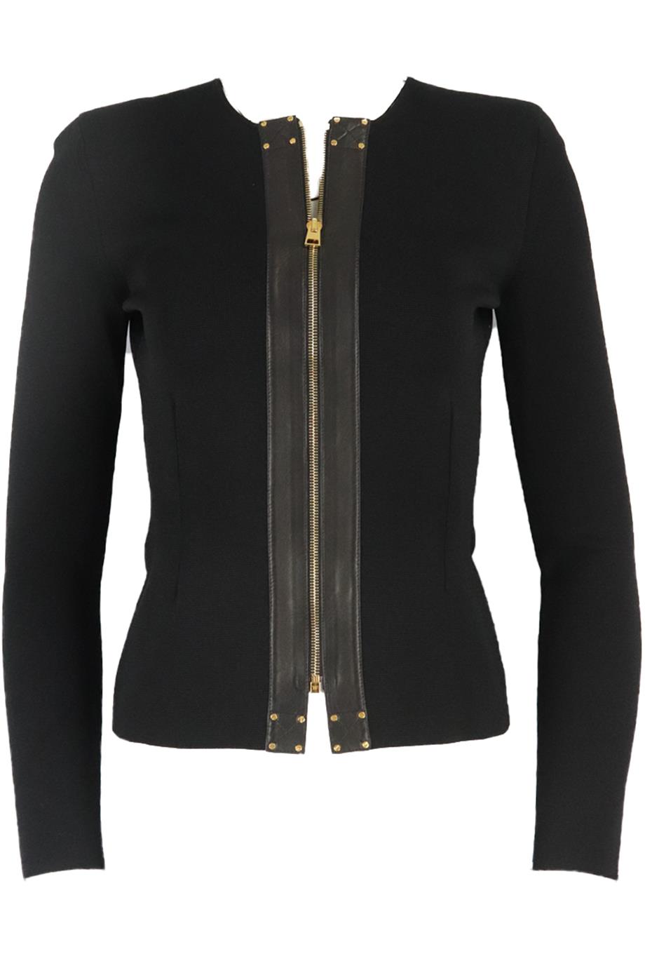 image of TOM FORD LEATHER TRIMMED STRETCH KNIT JACKET IT 36 UK 4