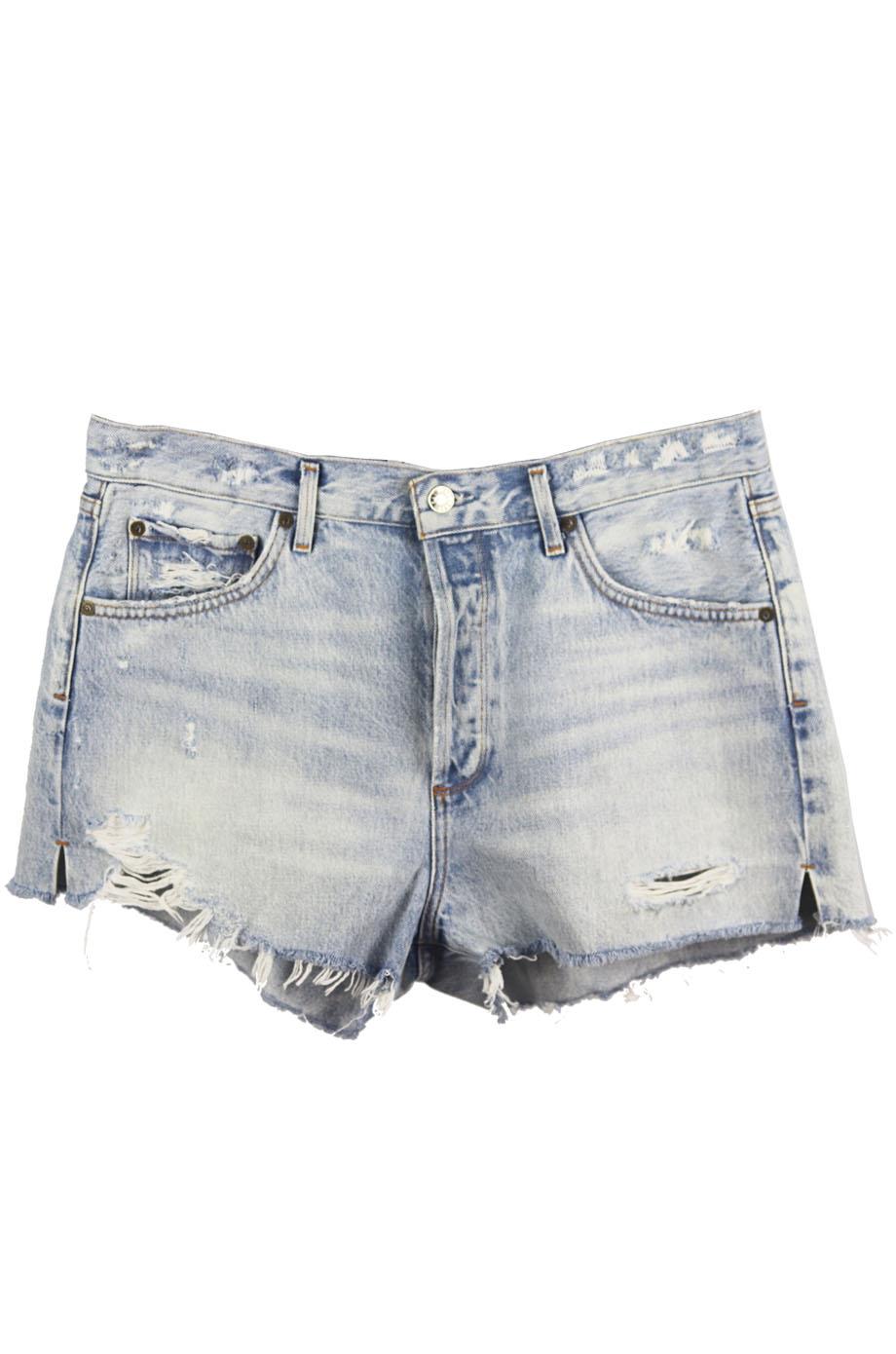 image of AGOLDE DISTRESSED HIGH WAISTED DENIM SHORTS W30 UK 12