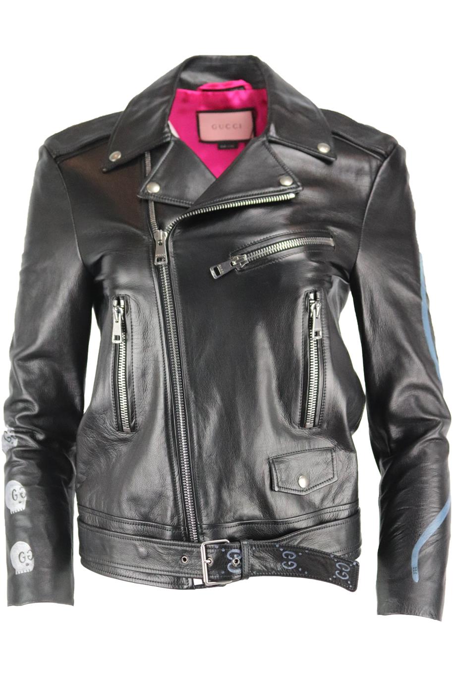 image of GUCCI PRINTED LEATHER BIKER JACKET IT 36 UK 4