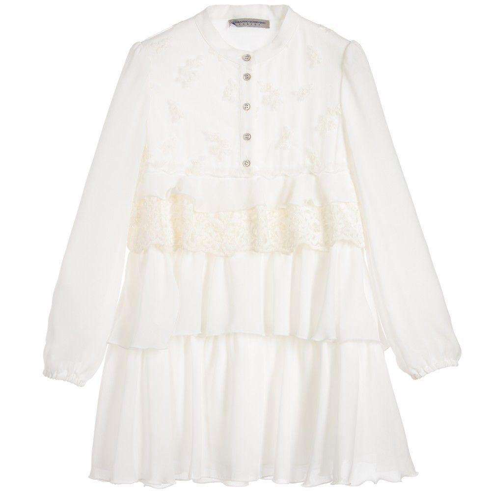 Image of ERMANNO SCERVINO BABY GIRLS IVORY EMBROIDERED CHIFFON DRESS 4 YEARS