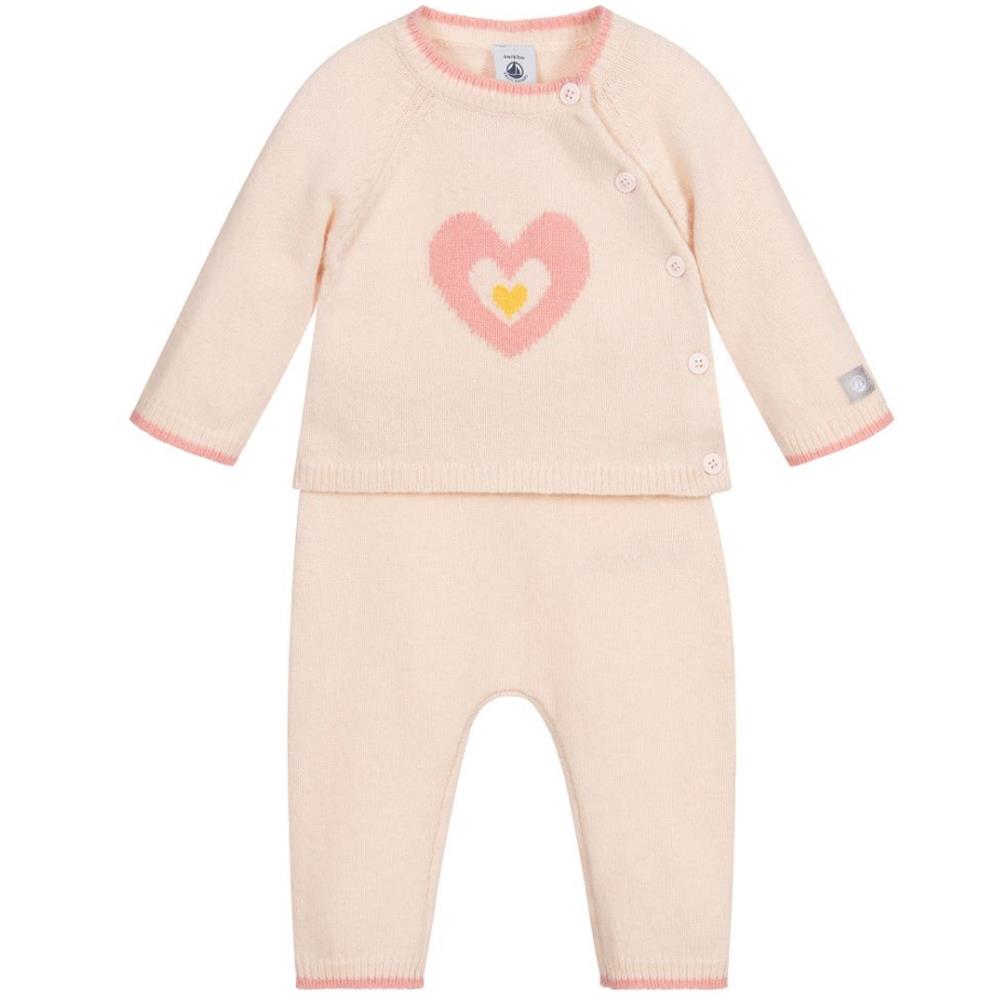 image of PETIT BATEAU BABY GIRLS HEART WOOL TROUSER SET 1 MONTH