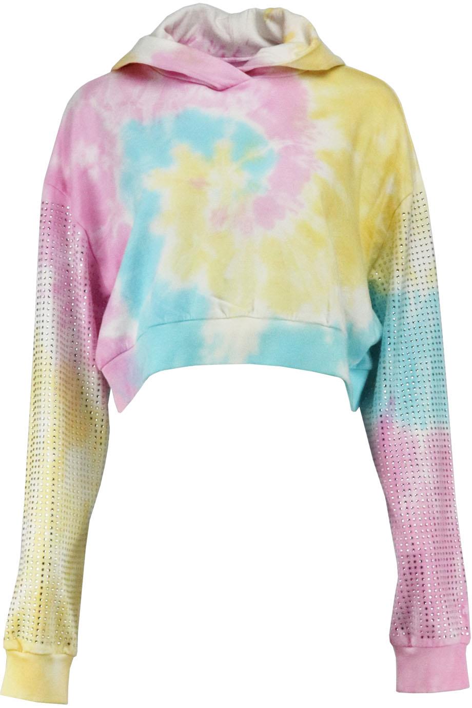 image of FRANKIE B CROPPED EMBELLISHED TIE DYED COTTON JERSEY HOODIE SMALL