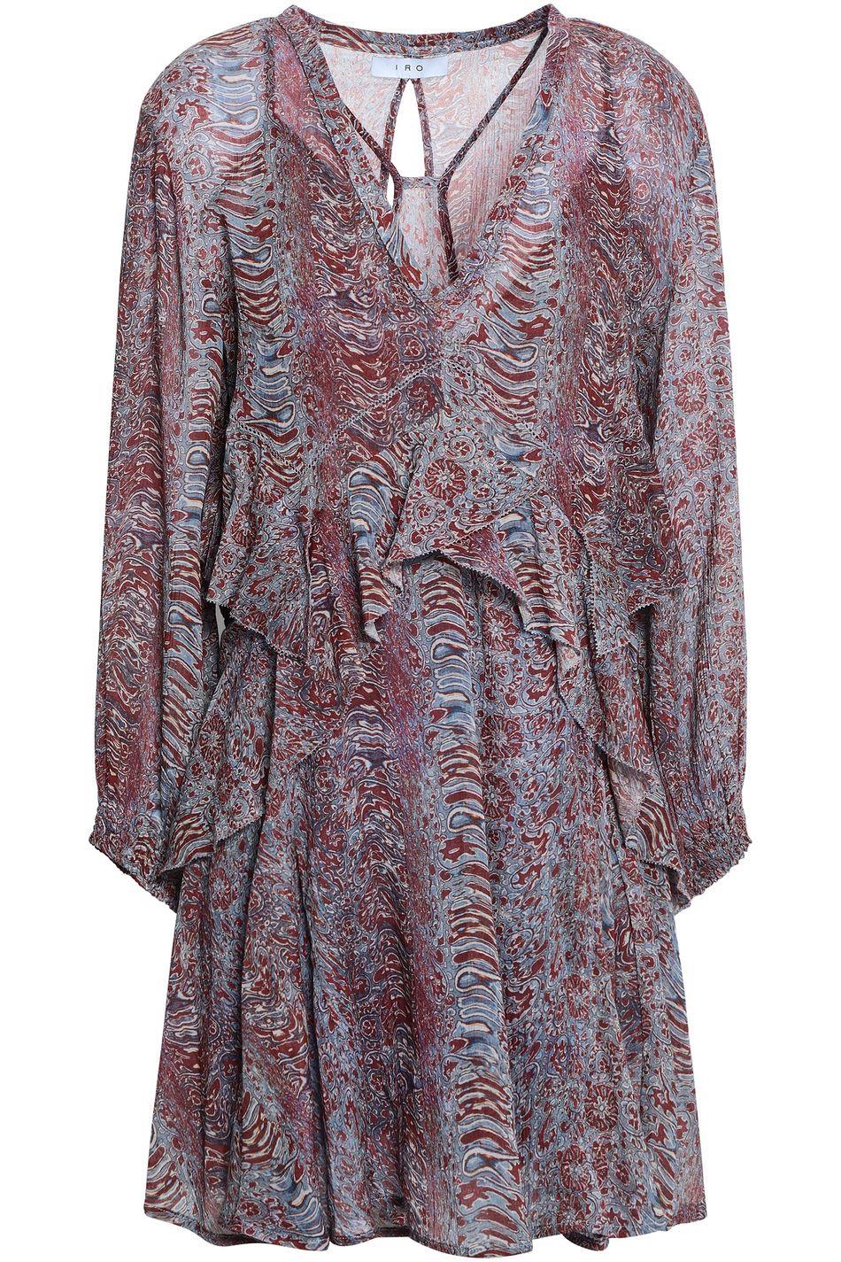 image of IRO ILACIE RUFFLED PRINTED COTTON GAUZE MINI DRESS FR 40 UK 12