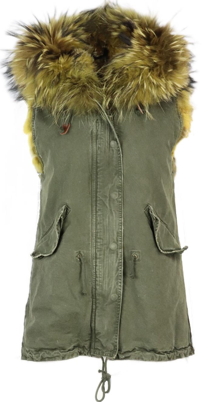 Image of GOLD RUSH HOODED FOX FUR LINED COTTON CANVAS GILET IT 42 UK 10