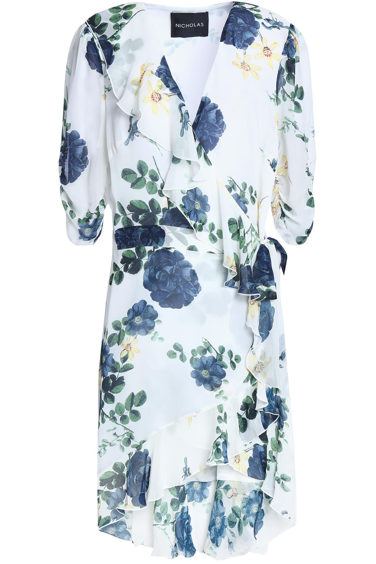 image of NICHOLAS RUFFLED FLORAL PRINT SILK GEORGETTE MINI WRAP DRESS UK 14