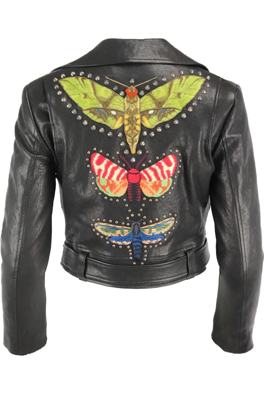 image of GUCCI STUDDED APPLIQUÉD LEATHER BIKER JACKET IT 42 UK 10