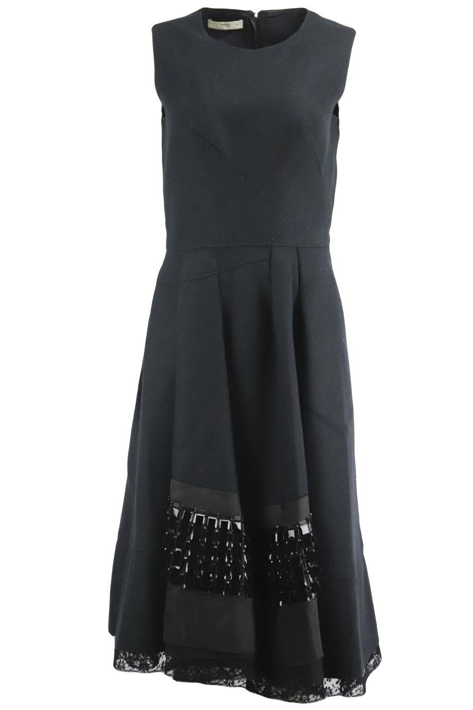 image of PRADA LACE TRIMMED EMBELLISHED WOOL BLEND DRESS IT 42 UK 10