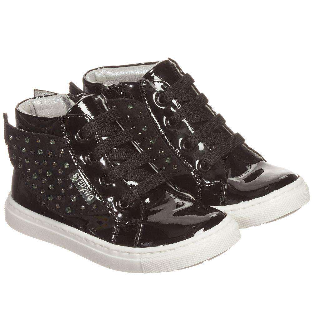 Image of STEP2WO GIRLS BLACK PATENT LEATHER ANGEL TRAINERS WITH GEMS & WINGS EU 23 UK 6