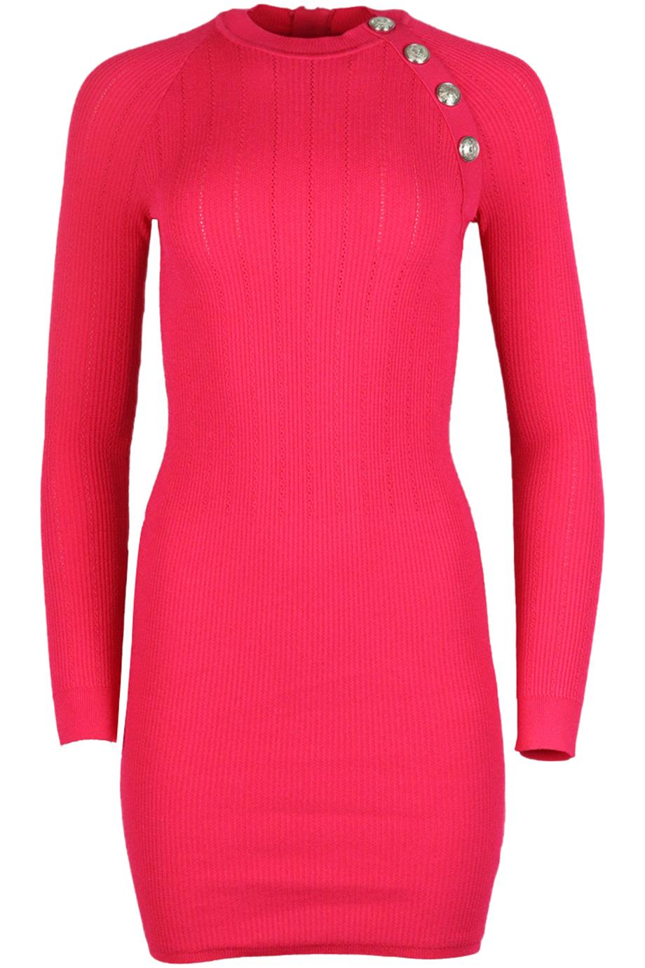 Image of BALMAIN BUTTON EMBELLISHED RIBBED STRETCH KNIT MINI DRESS FR 40 UK 12