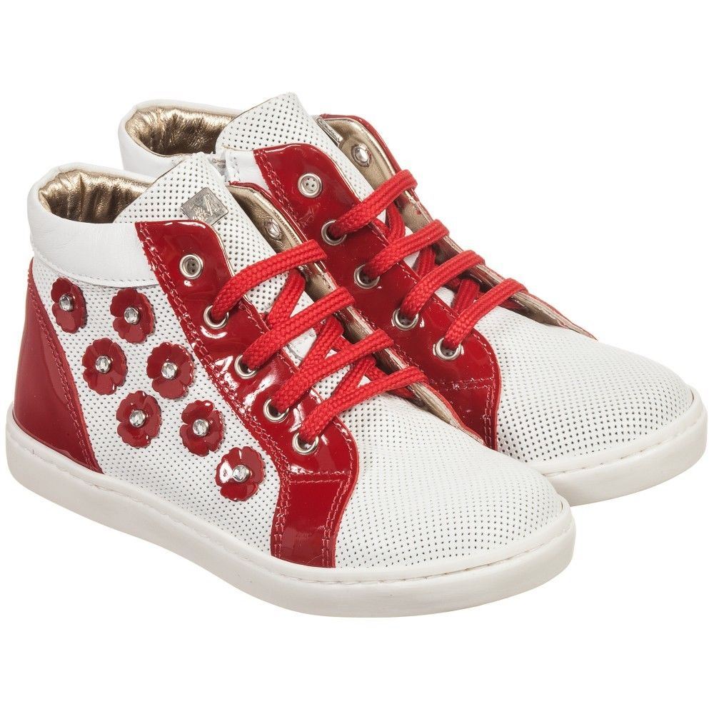 image of MONNALISA BABY GIRLS RED WHITE FLORAL LEATHER TRAINERS EU 22 UK 5