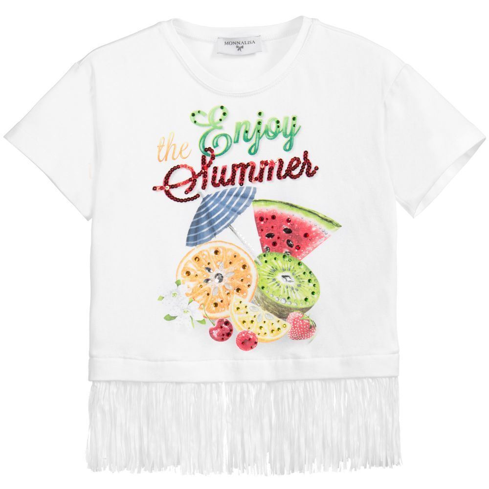 image of MONNALISA BABY GIRLS TROPICAL FRUITS FRINGE TOP 2 YEARS