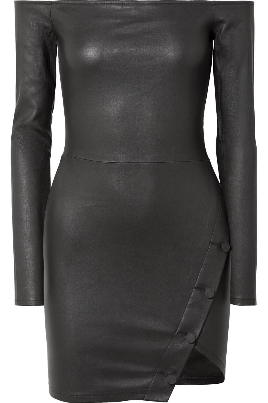 image of RTA ELECTRA OFF THE SHOULDER STRETCH LEATHER MINI DRESS US 8 UK 12