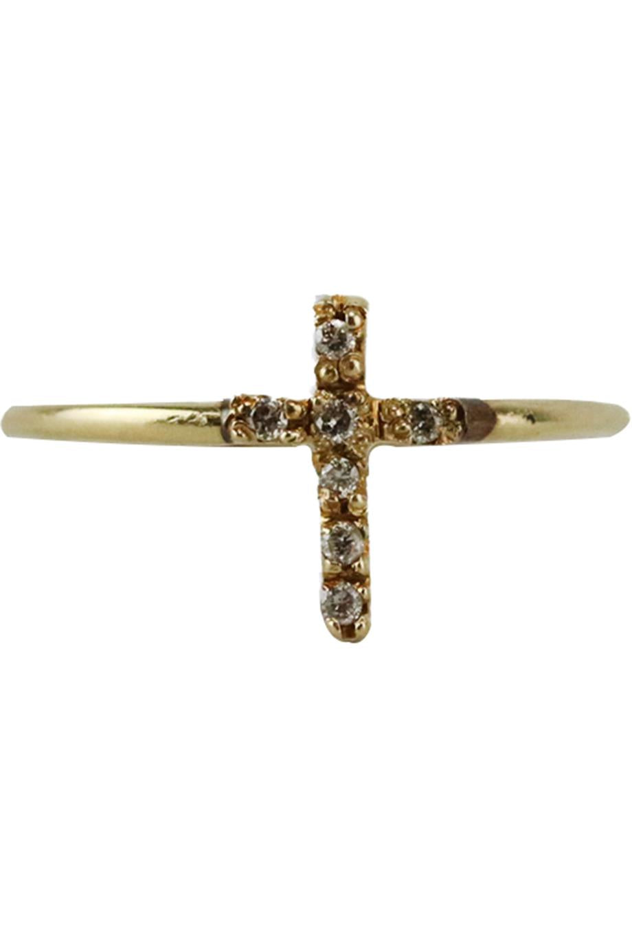 image of JACQUIE AICHE 14K YELLOW GOLD AND DIAMOND CROSS RING 15 MM