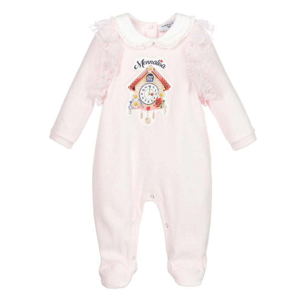 image of MONNALISA BABY GIRLS COTTON VELOUR BABYGROW 1 MONTH