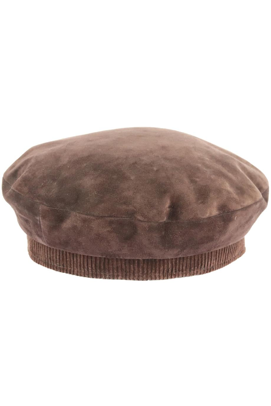 image of HERMÈS VINTAGE CORDUROY TRIMMED SUEDE BERET MEDIUM