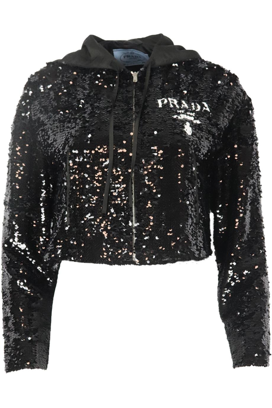 Image of PRADA CROPPED LOGO DETAILED SEQUINED SILK HOODIE IT 36 UK 4