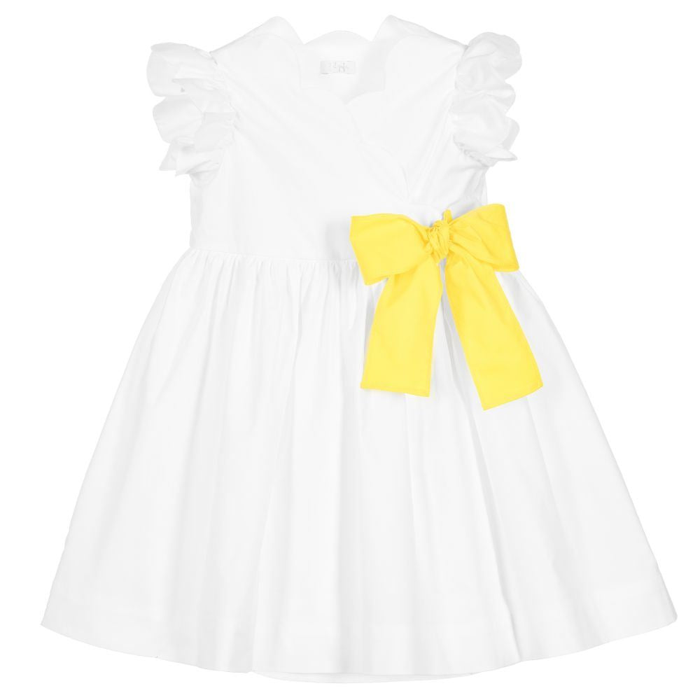 image of IL GUFO GIRLS WHITE COTTON DRESS WITH YELLOW BOW 4 YEARS