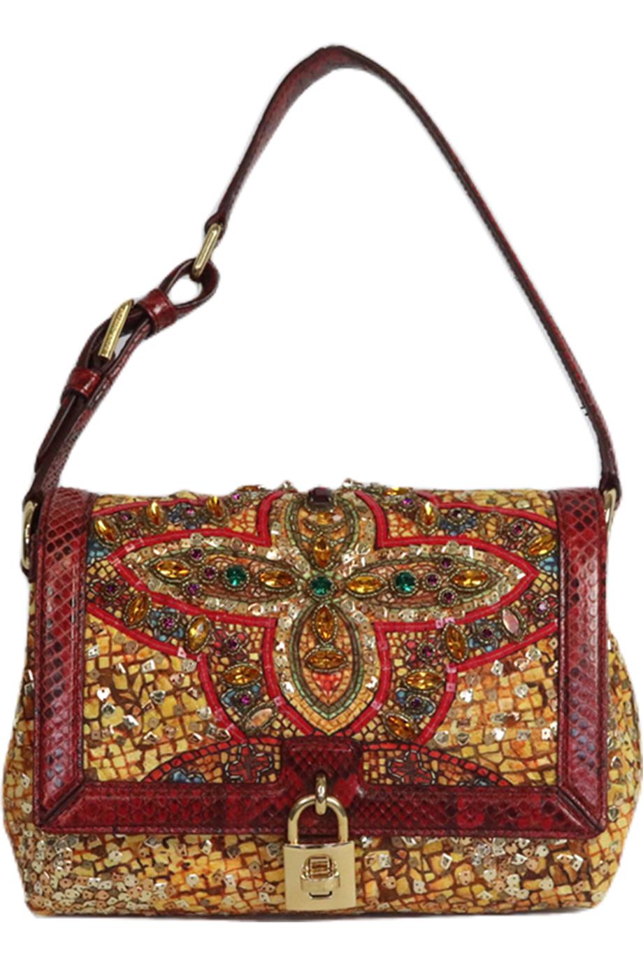 Image of DOLCE AND GABBANA MISS BONITA EMBELLISHED SNAKESKIN TRIMMED BROCADE SHOULDER BAG