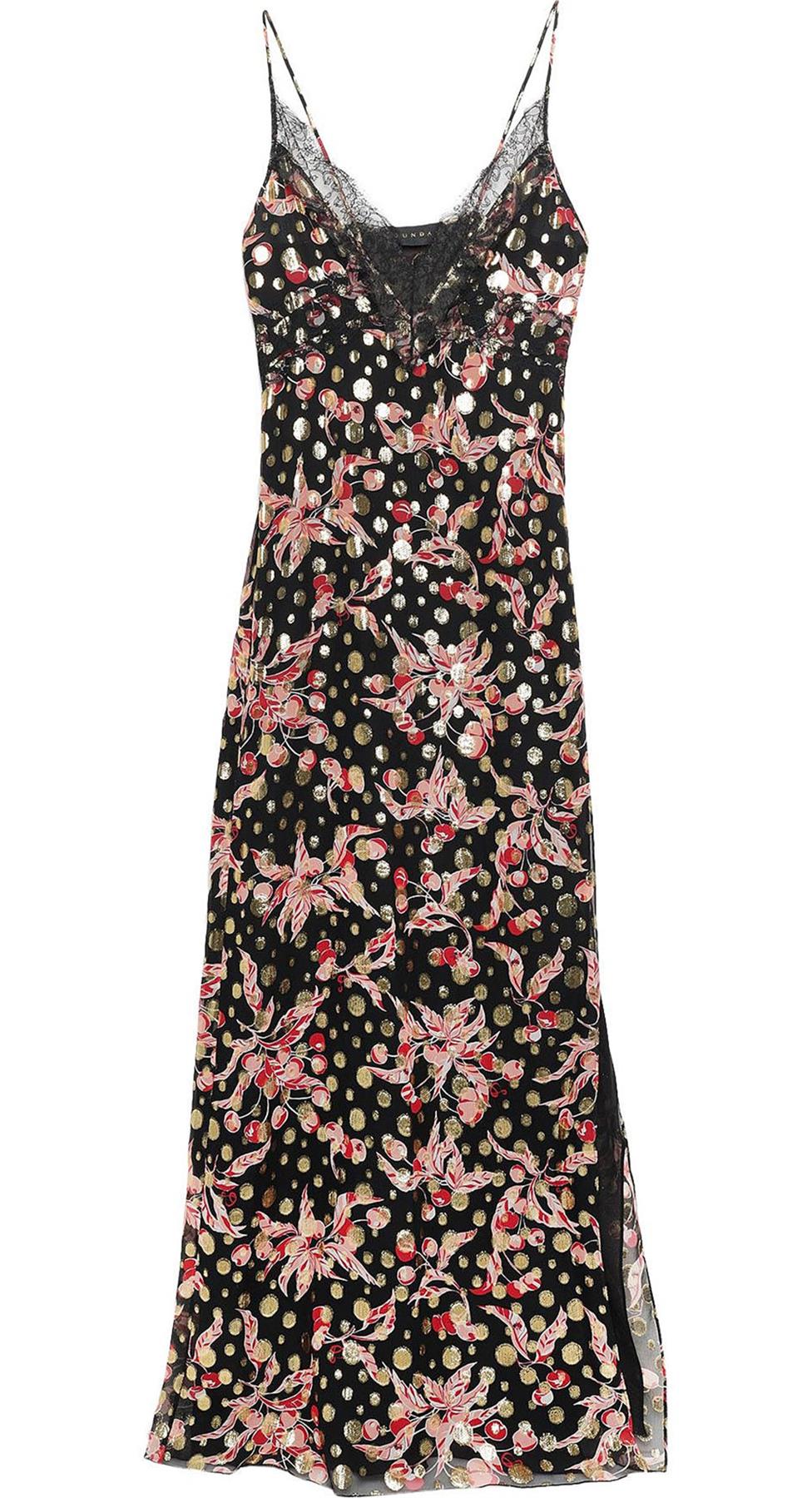 Image of DUNDAS LACE TRIMMED PRINTED METALLIC FIL COUPÉ SILK BLEND MAXI DRESS IT 46 UK 14