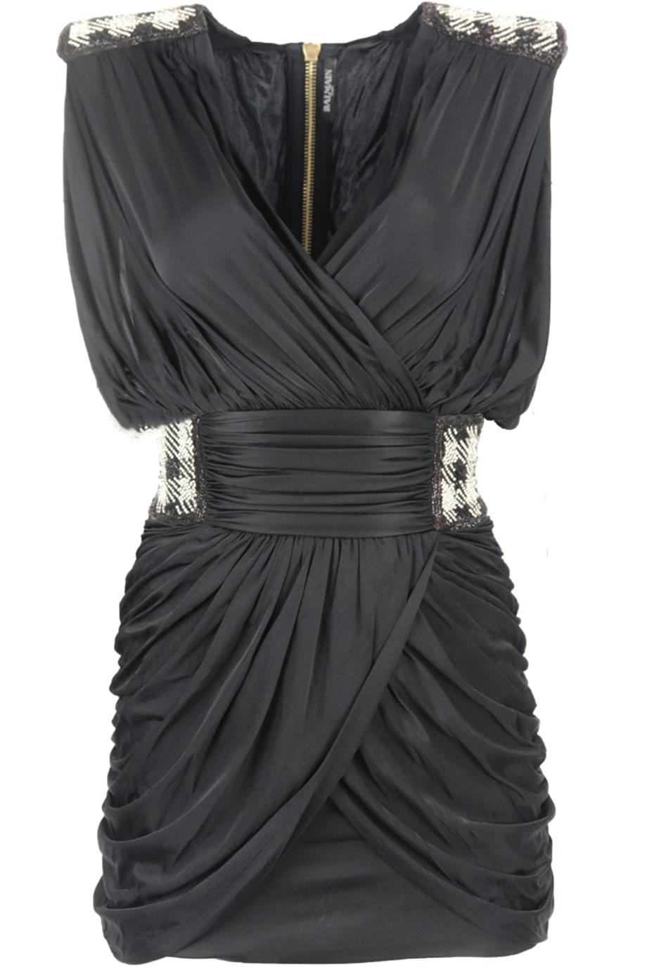 image of BALMAIN CRYSTAL EMBELLISHED RUCHED WRAP EFFECT JERSEY MINI DRESS FR 36 UK 8