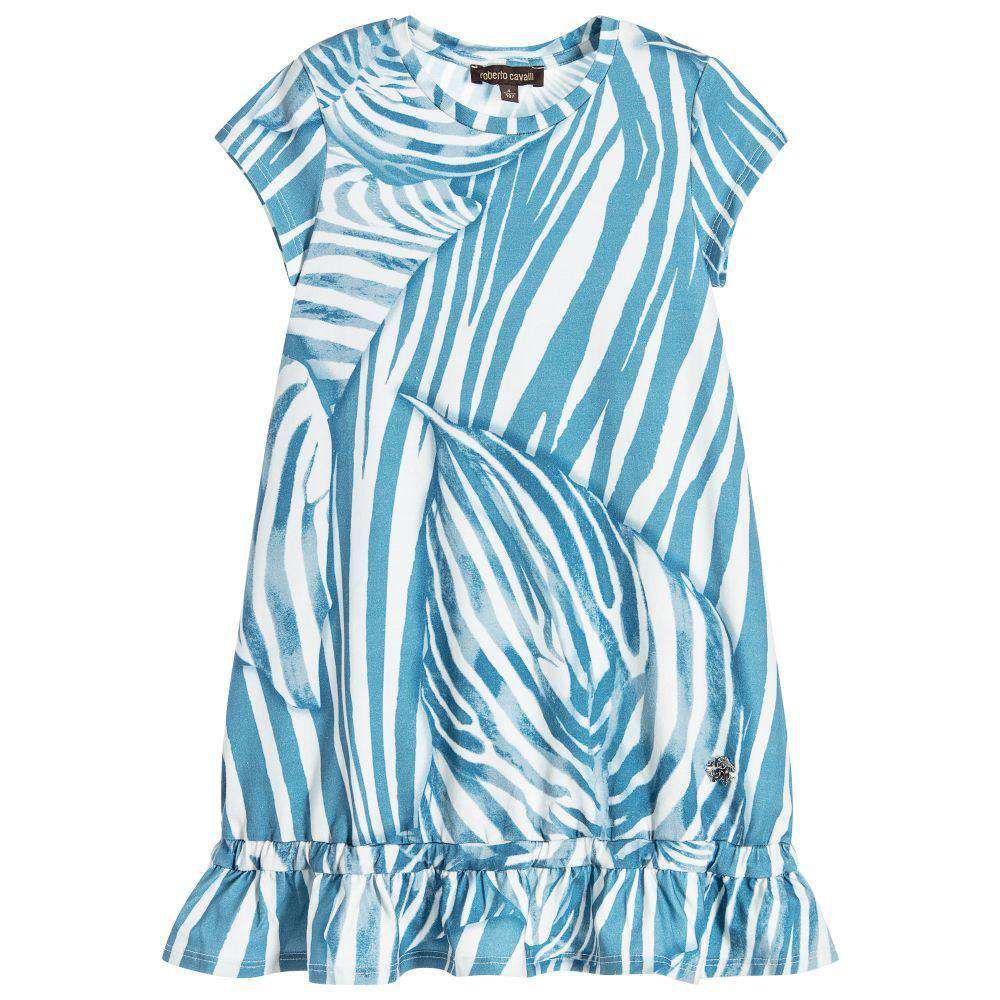 Image of ROBERTO CAVALLI GIRLS BLUE ZEBRA ROSE PRINT DRESS 4 YEARS