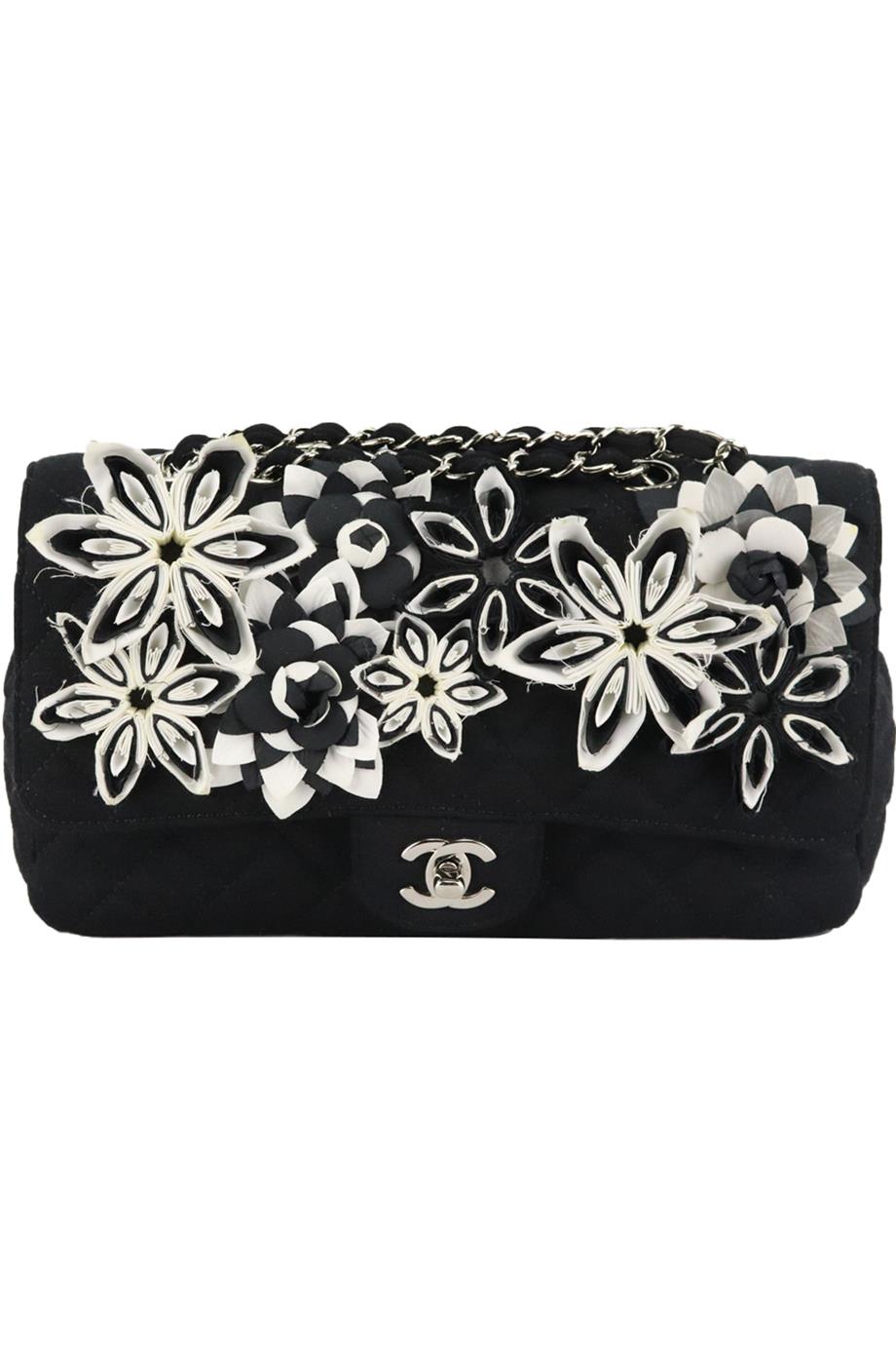 Image of CHANEL 2015 CLASSIC MEDIUM FLORAL QUILTED JERSEY SINGLE FLAP SHOULDER BAG