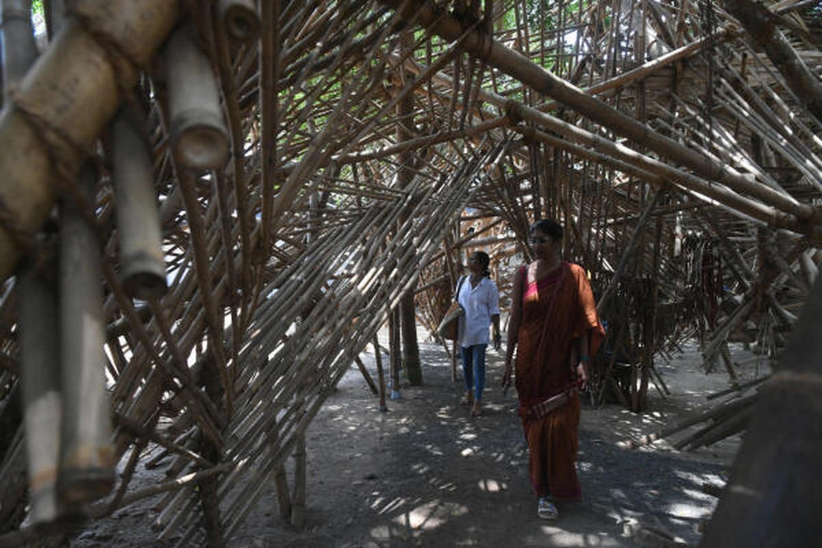 ‘Improvise,’ an installation made with bamboo by Delhi -based artist Asim Waqif | Photo Credit: Thulasi Kakkat