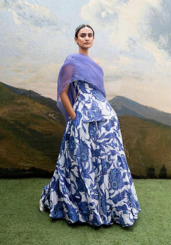 Royal Blue Ruffle Shimmer Lehenga Set with Blue Sequins Blouse and Off White  Dupatta - Priti Sahni- Fabilicious Fashion