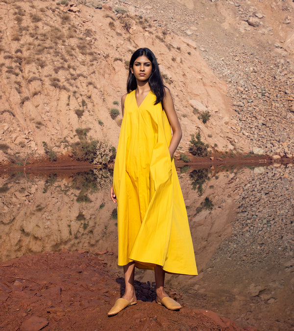 Khara Kapas I Sunshine-Yellow-V-Neck-A-Line-Dress-I-32-Days-Of