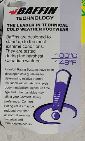 Tag showing the boots at a cold rating of -100 Fahrenheit