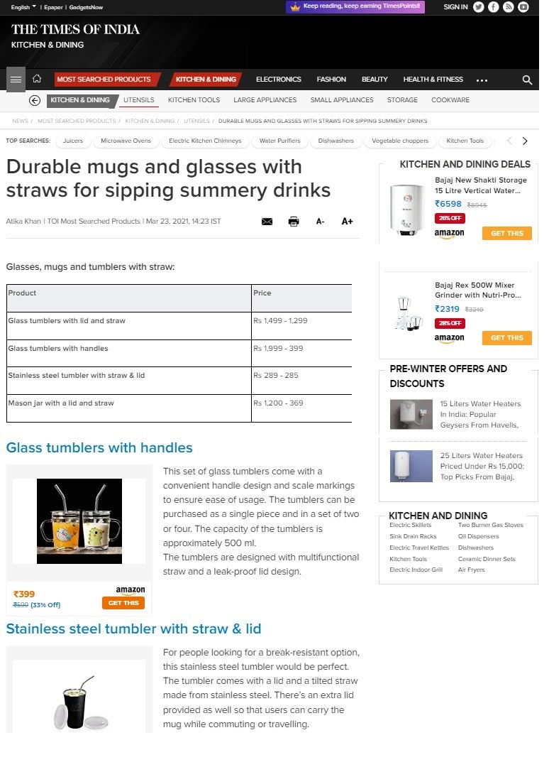 Times Of India Press Release - Pdd Falcon Sipper Straw Glass Black