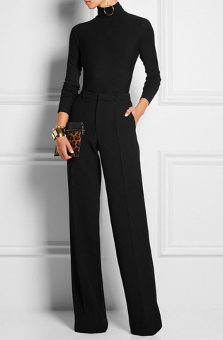 Women in turtleneck wide-leg pants office outfit