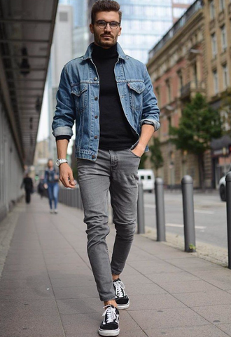 Man in turtleneck ,denim jacket and sneakers outfit