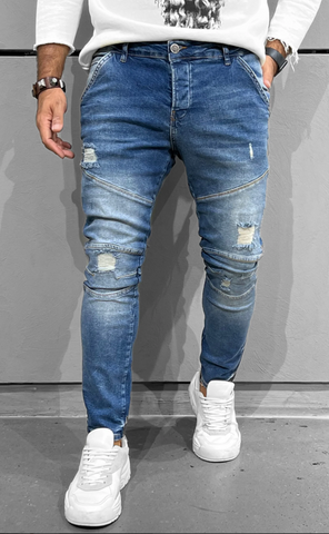 blue ripped and distressed skinny jeans