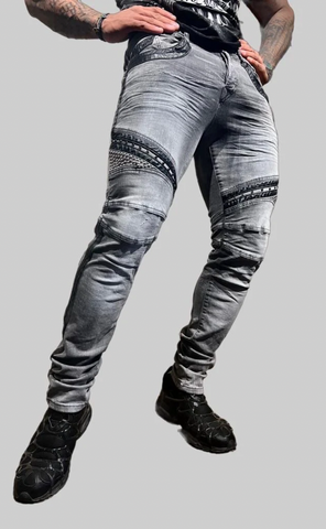 grey distressed jeans with leather patches