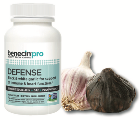 benecinpro DEFENSE 90's bottle with white and black garlic beside it