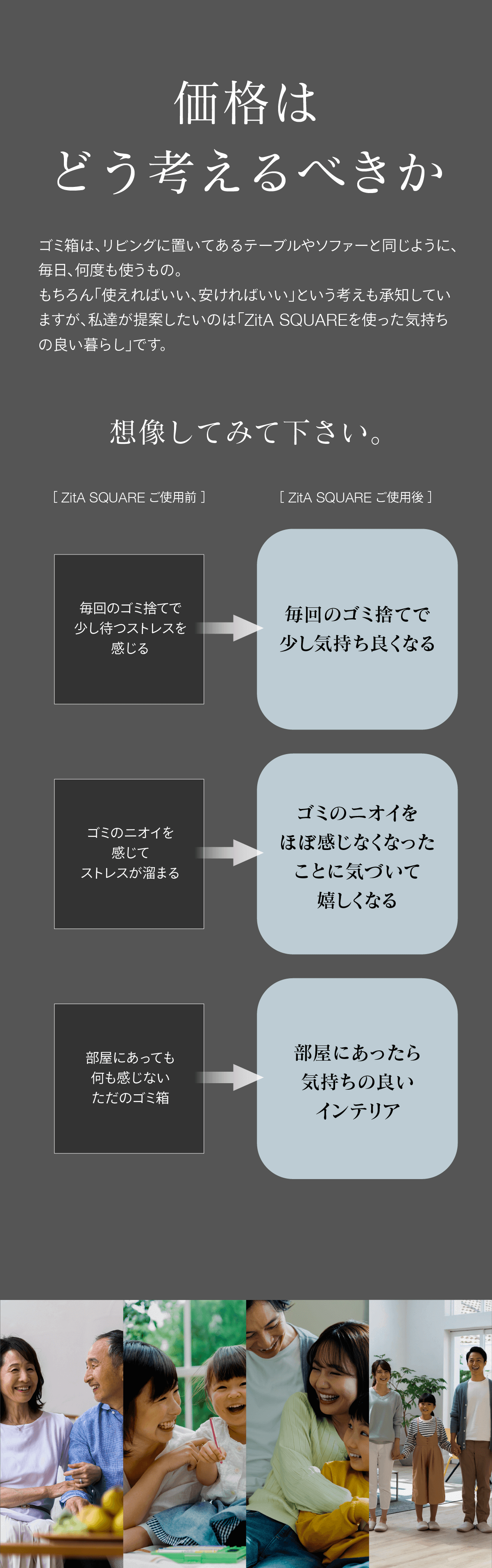 価格はどう考えるべきか 私たちが提案したいのはZitAを使った気持ちのよい暮らしです  毎回のゴミ捨てで少し気持ちよくなり、ニオイを感じにくくなり、インテリアにもなります。