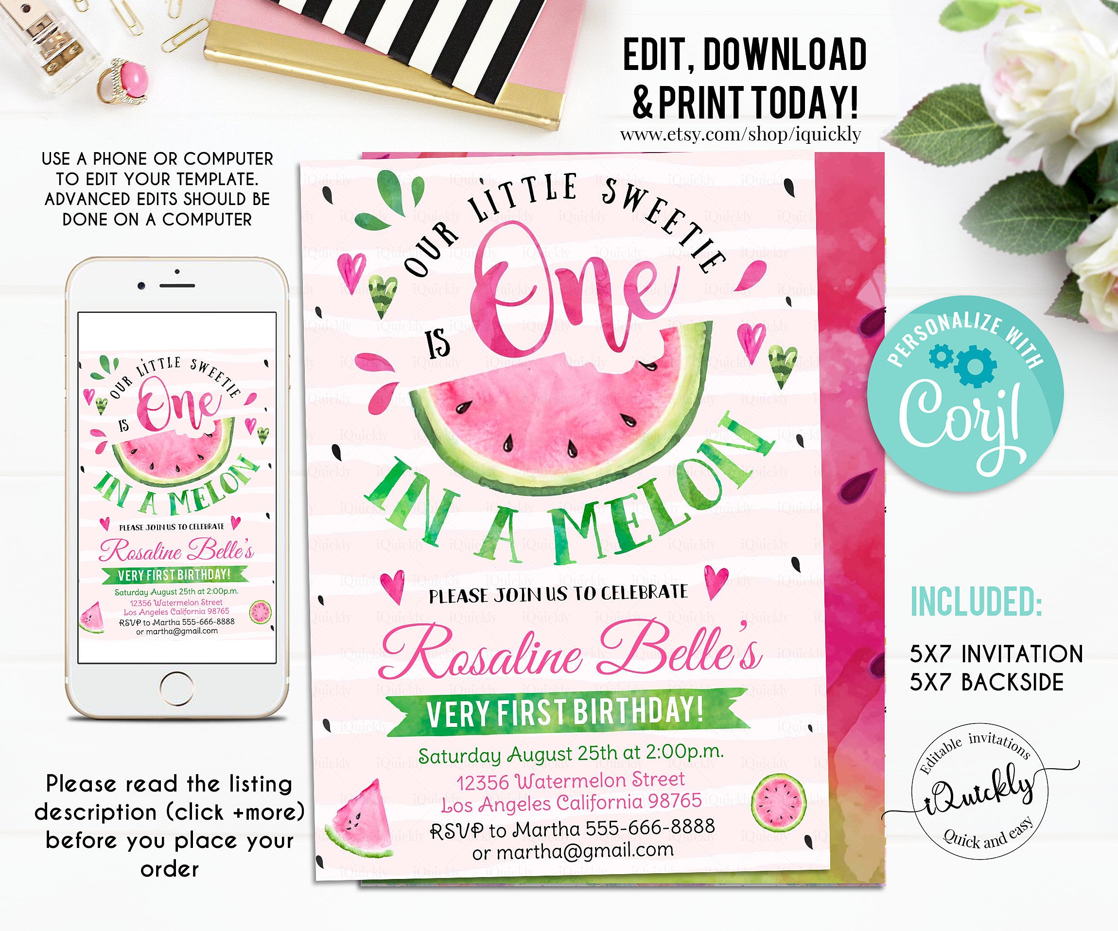 Editable Watermelon Invitation, One in a Melon First Birthday invitations, Pink Watermelon Party invite Instant download Printable digital