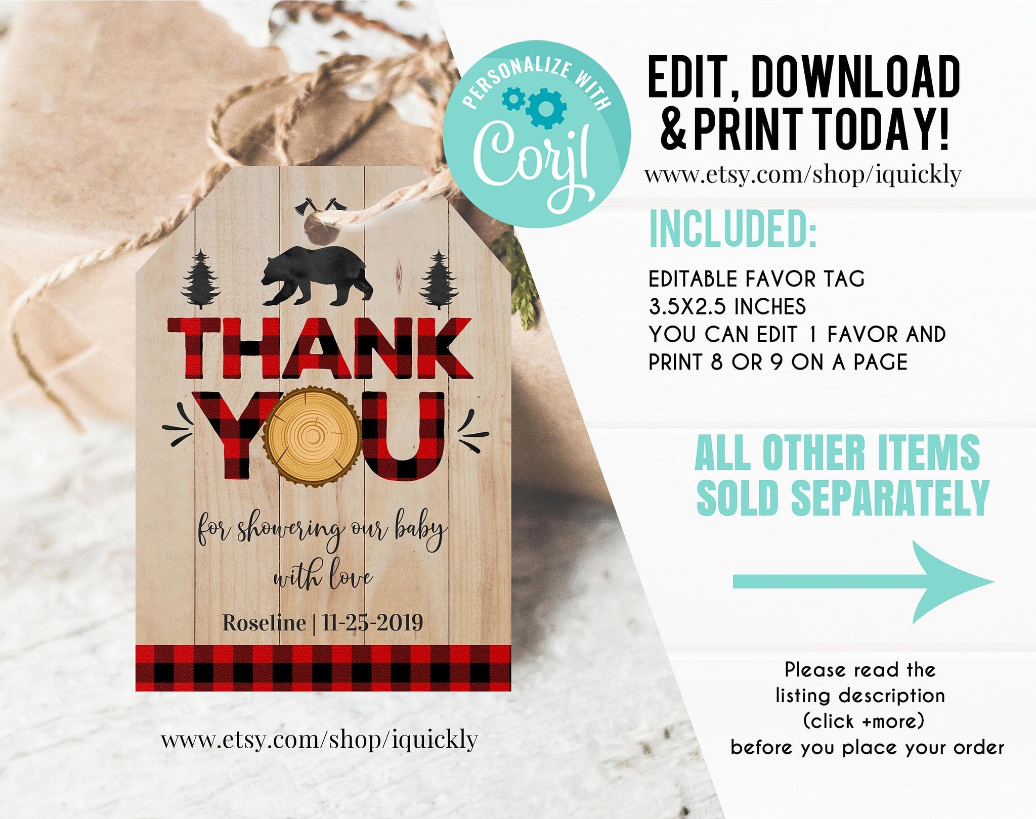 EDITABLE Lumberjack Baby Shower Favors Tags, Thank you tags, Gift Tags Buffalo Plaid, Wilderness Beard Printable Template Instant Download