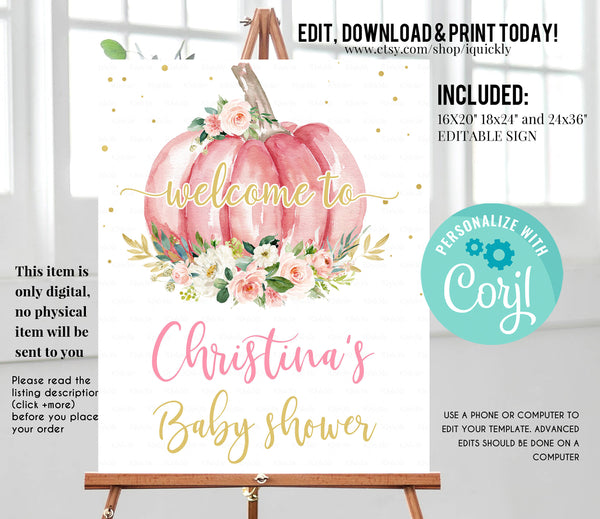 EDITABLE Pumpkin Floral Baby Shower Welcome sign, Pink and gold Pumpkin Sign Decorations Flower White Instant download Template Printable